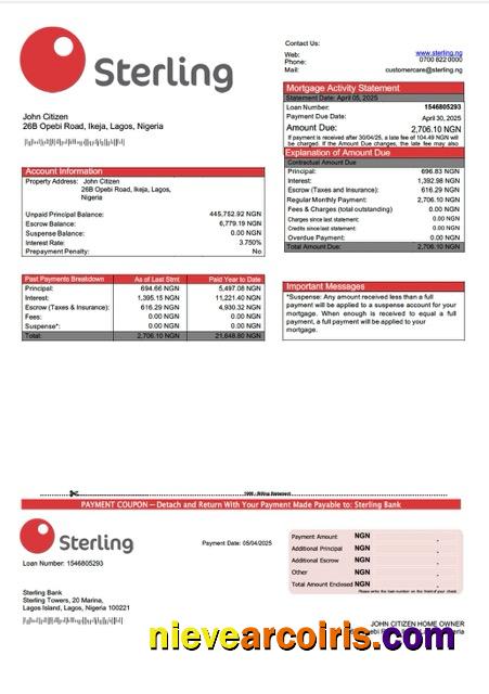 Nigeria Sterling Bank mortgage statement Word and PDF template